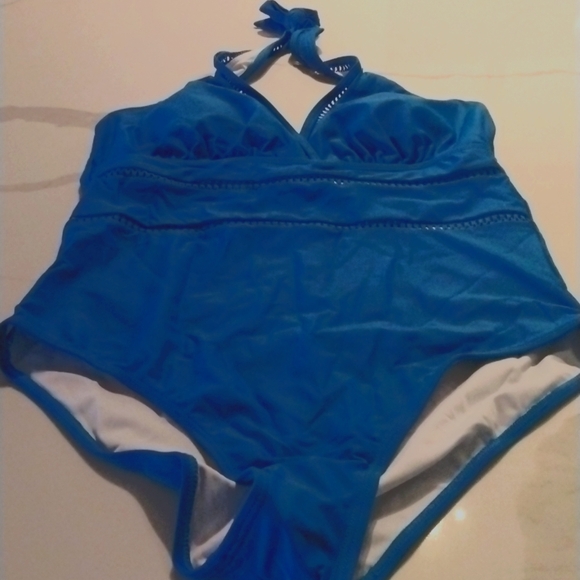 Sexy Halter One Piece Swimsuit Mesh Hollow Out Tummy Control Monokini Blue SZ XL - Picture 3 of 5